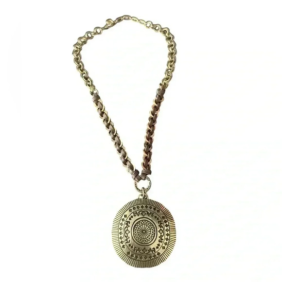 UNIQUE BROWN AND GOLD PLEATHER NECKLACE - Picture 2 of 2